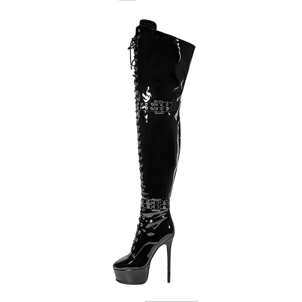 Stiefel mit runder Zehenpartie, Stilettoabsatz, Schnürung und oberschenkelhohem Absatz und Plateauriemchen