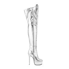 Stiefel mit runder Zehenpartie, Stilettoabsatz, Schnürung und oberschenkelhohem Absatz und Plateauriemchen