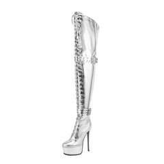 Stiefel mit runder Zehenpartie, Stilettoabsatz, Schnürung und oberschenkelhohem Absatz und Plateauriemchen