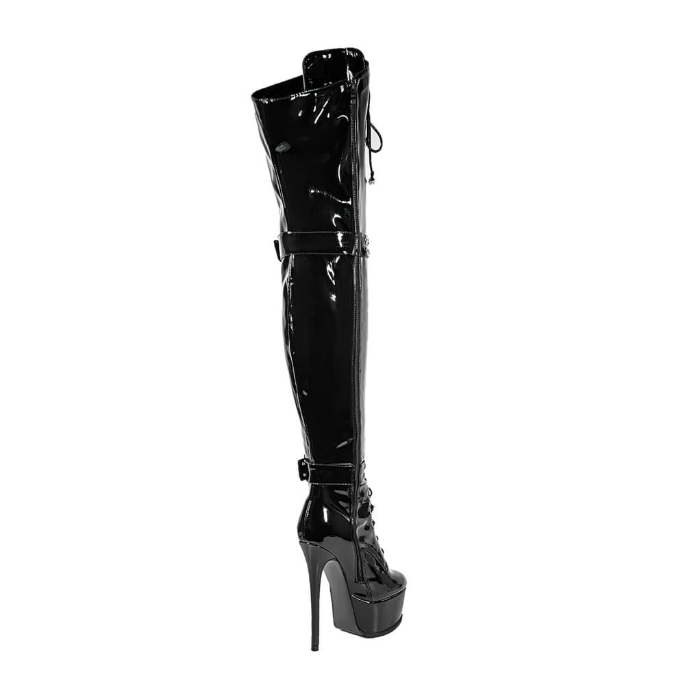 Stiefel mit runder Zehenpartie, Stilettoabsatz, Schnürung und oberschenkelhohem Absatz und Plateauriemchen