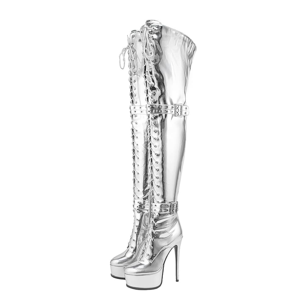 Stiefel mit runder Zehenpartie, Stilettoabsatz, Schnürung und oberschenkelhohem Absatz und Plateauriemchen