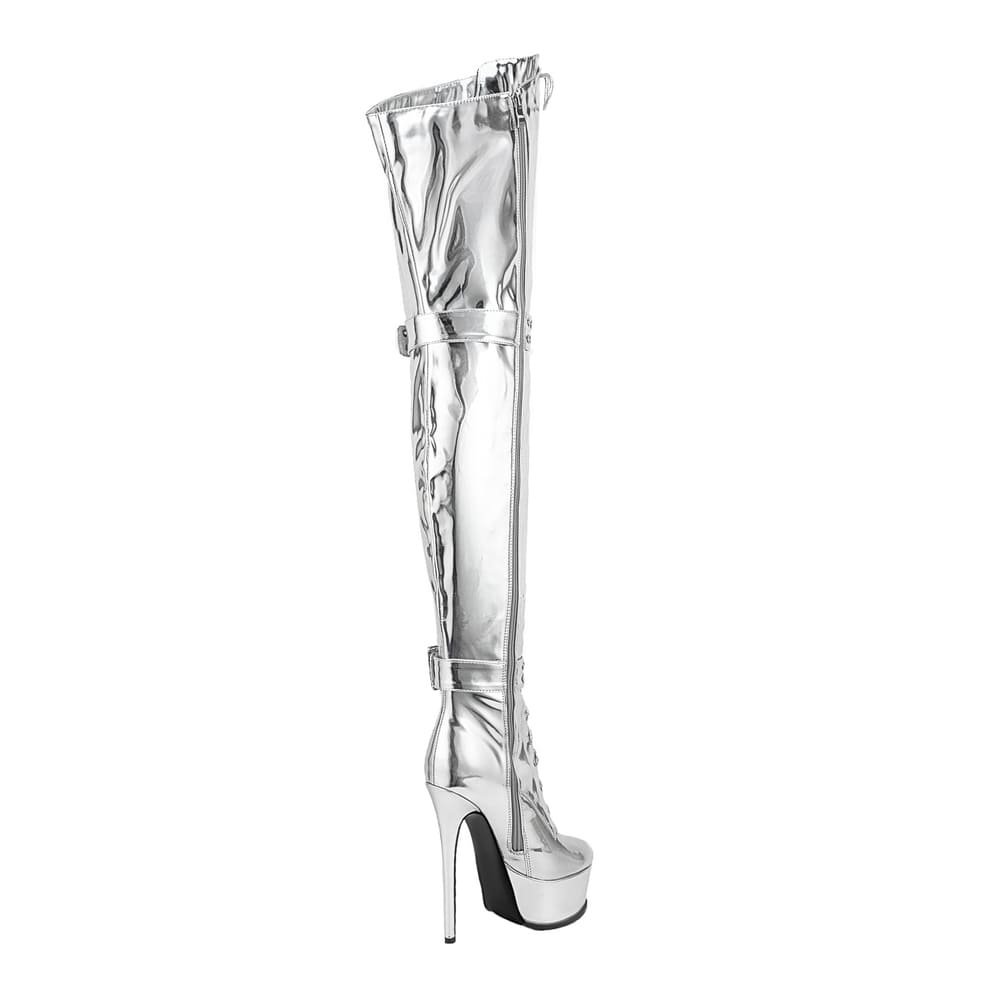 Stiefel mit runder Zehenpartie, Stilettoabsatz, Schnürung und oberschenkelhohem Absatz und Plateauriemchen