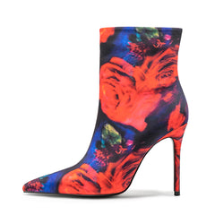 Satin Colorful Flower Print Pointed Toe Stiletto High Heel Red Boots