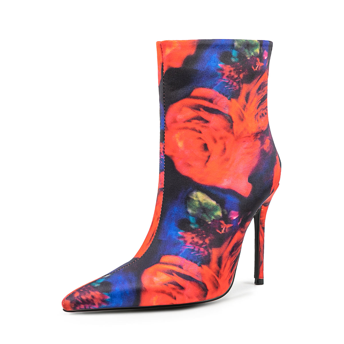 Satin Colorful Flower Print Pointed Toe Stiletto High Heel Red Boots