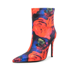 Satin Colorful Flower Print Pointed Toe Stiletto High Heel Red Boots