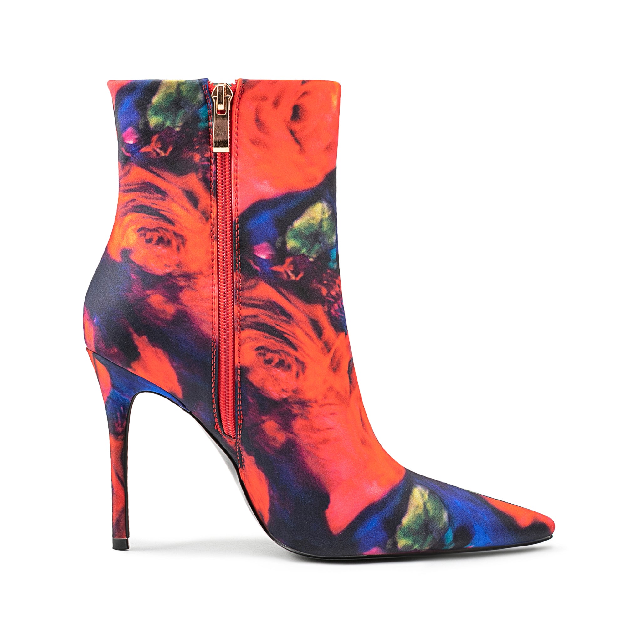 Satin Colorful Flower Print Pointed Toe Stiletto High Heel Red Boots