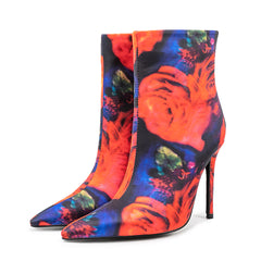 Satin Colorful Flower Print Pointed Toe Stiletto High Heel Red Boots