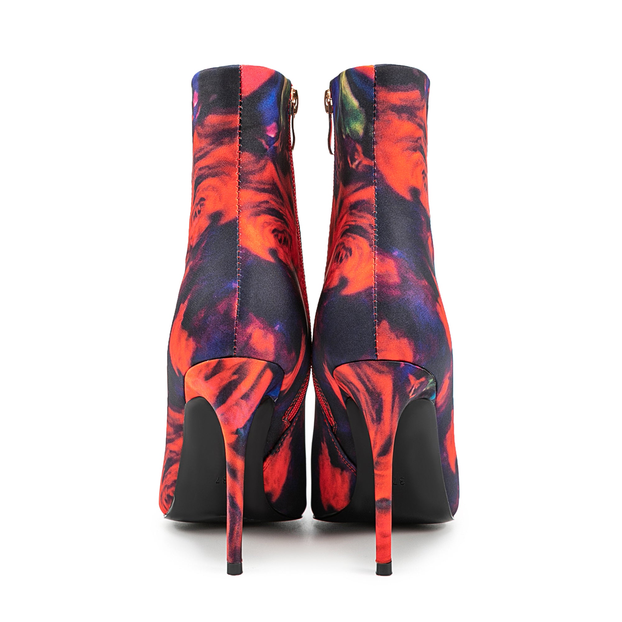 Satin Colorful Flower Print Pointed Toe Stiletto High Heel Red Boots