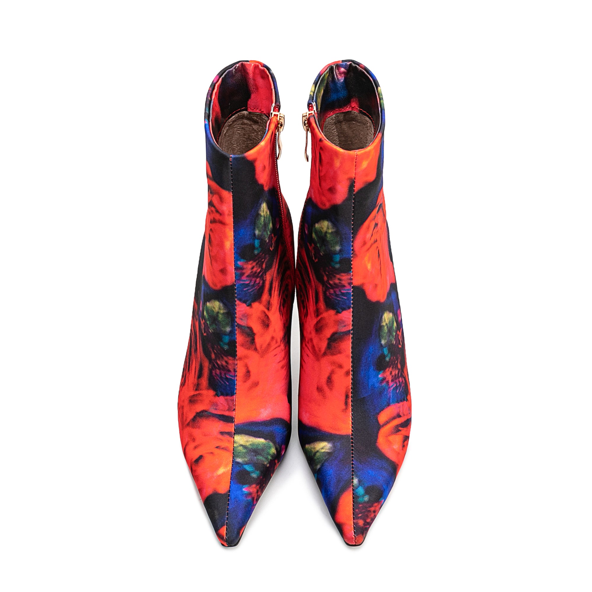 Satin Colorful Flower Print Pointed Toe Stiletto High Heel Red Boots