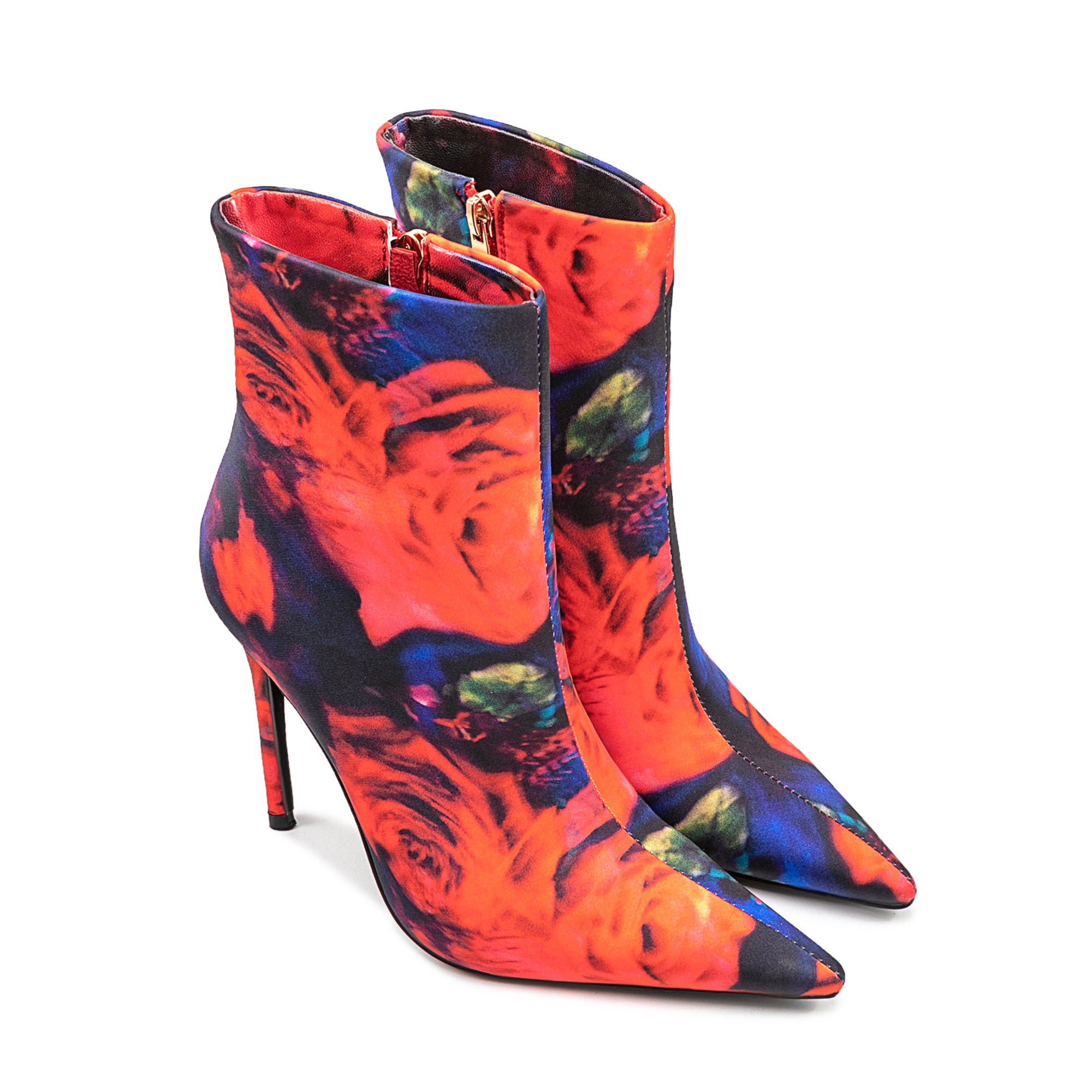 Satin Colorful Flower Print Pointed Toe Stiletto High Heel Red Boots