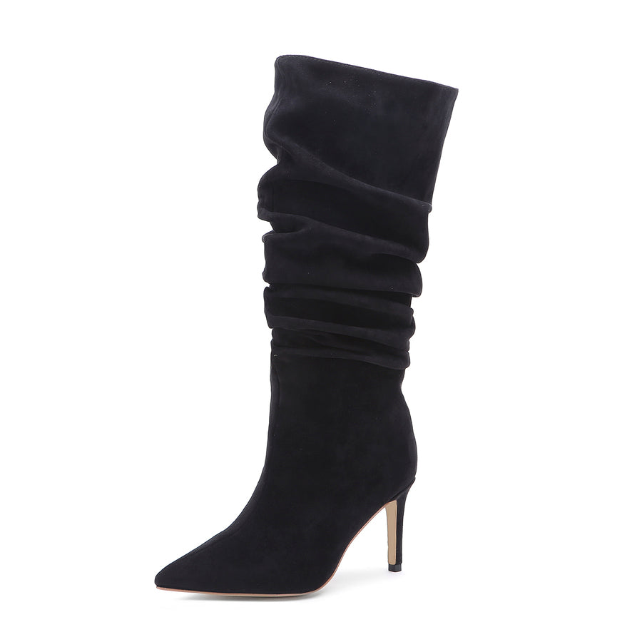 Sequin Solid Color Pointed Toe Stiletto Heel Slouch Boots