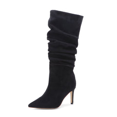 Sequin Solid Color Pointed Toe Stiletto Heel Slouch Boots