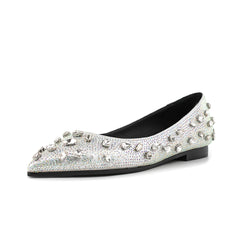Silver Pointed Toe Comfortable Flats with Rhinestone