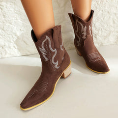 Snip Toe Block Heel Embroidery Mid-Calf Cowgirl Boots