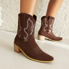 Snip Toe Block Heel Embroidery Mid-Calf Cowgirl Boots