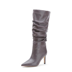 Solid Color Pointed Toe Stiletto Heel Slouch Boots