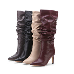Solid Color Pointed Toe Stiletto Heel Slouch Boots