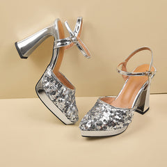 Sparkling Closed Toe Chunky Heel Ankle Strap Sandals