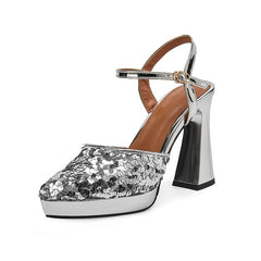 Sparkling Closed Toe Chunky Heel Ankle Strap Sandals
