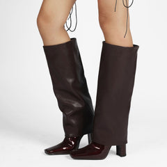 Square Toe Chunky Heel Fold-Over Knee High Boots