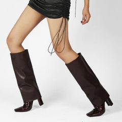 Square Toe Chunky Heel Fold-Over Knee High Boots