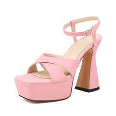 Square Toe Flared Heel Ankle Strap Sandals with Platform