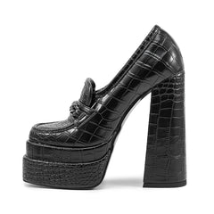 Stone Pattern Chunky High Heel Platform Black Loafers for Women