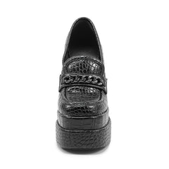 Stone Pattern Chunky High Heel Platform Black Loafers for Women