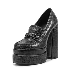 Stone Pattern Chunky High Heel Platform Black Loafers for Women