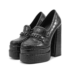 Stone Pattern Chunky High Heel Platform Black Loafers for Women