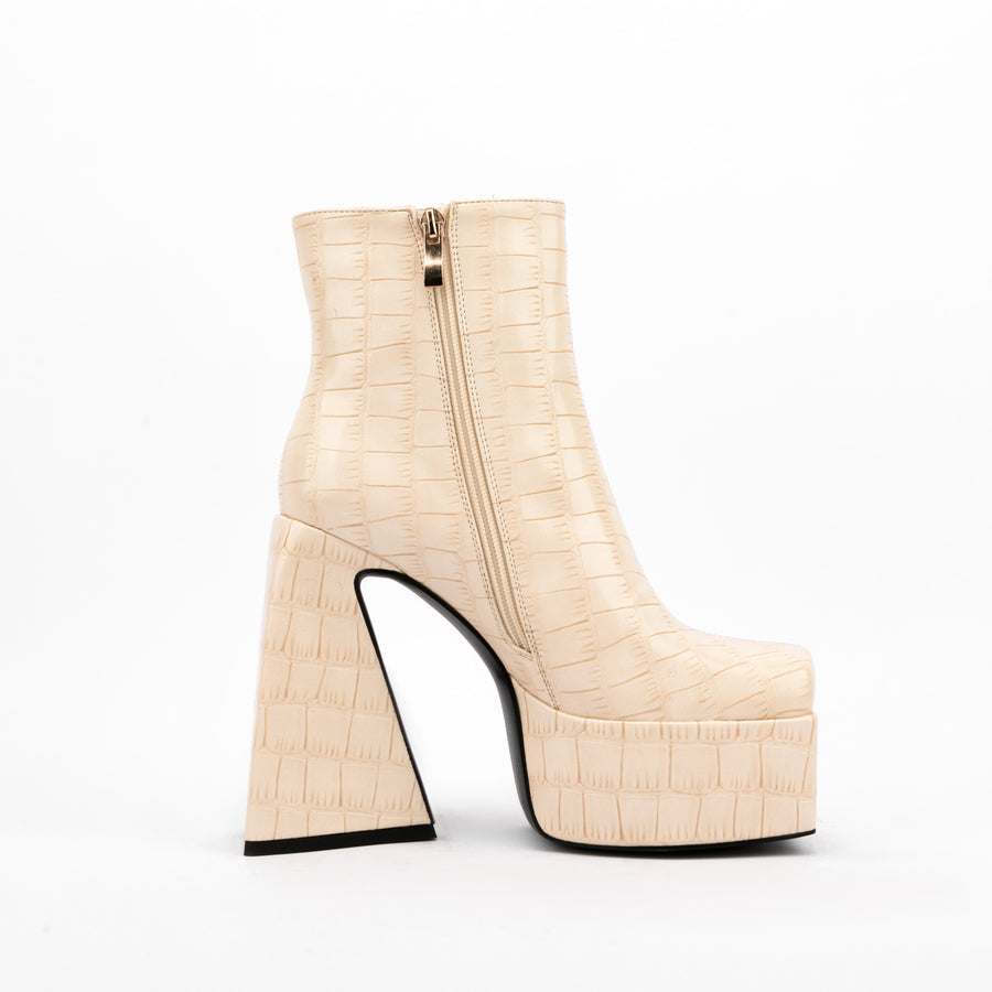 Stone Pattern Square Toe Block Heel High Heel Ankle Boots