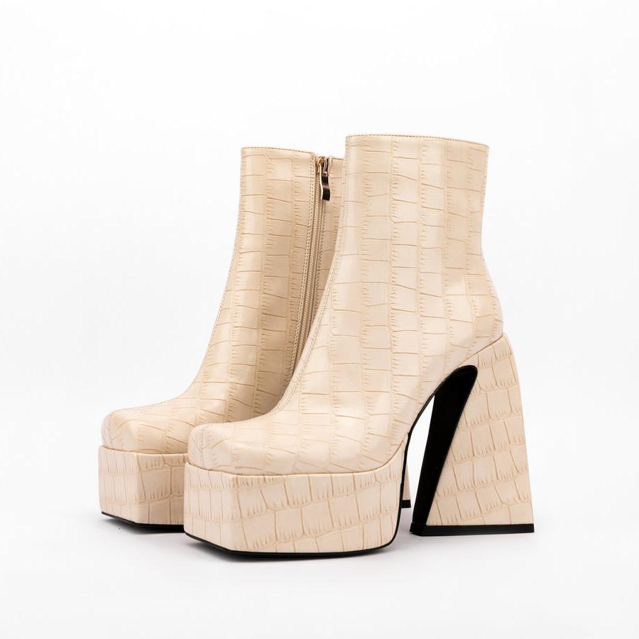 Stone Pattern Square Toe Block Heel High Heel Ankle Boots