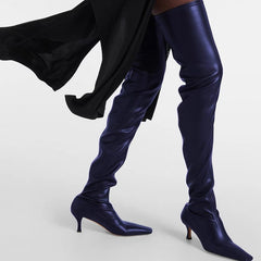 Stretch Boots Square Toe Flared Heel Thigh High Boots