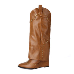 Studded Fold Over Knee High Heel Boots in Mustard Brown