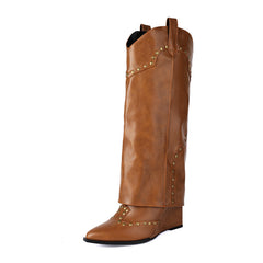 Studded Fold Over Knee High Heel Boots in Mustard Brown