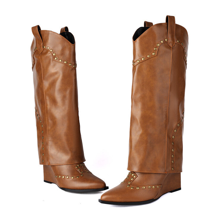 Studded Fold Over Knee High Heel Boots in Mustard Brown