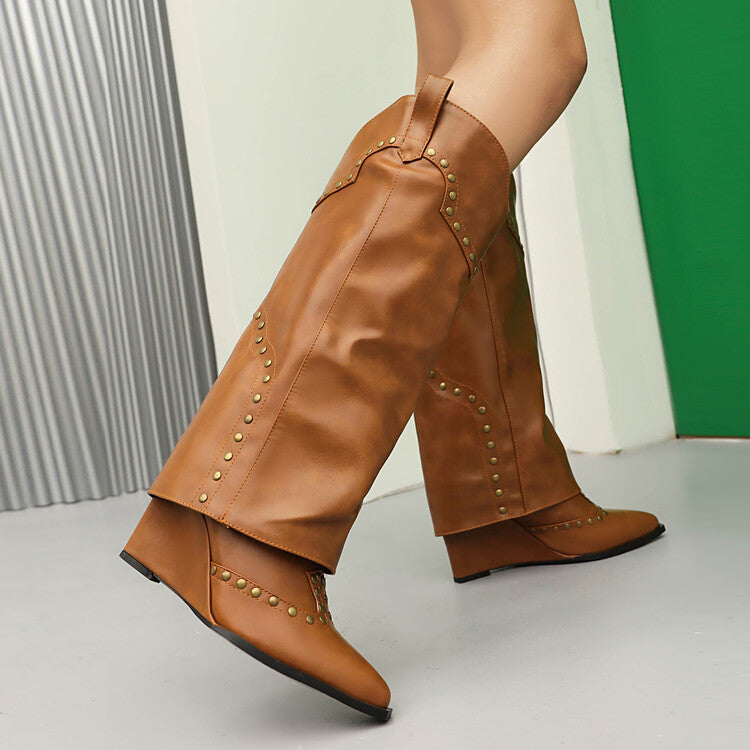 Studded Fold Over Knee High Heel Boots in Mustard Brown