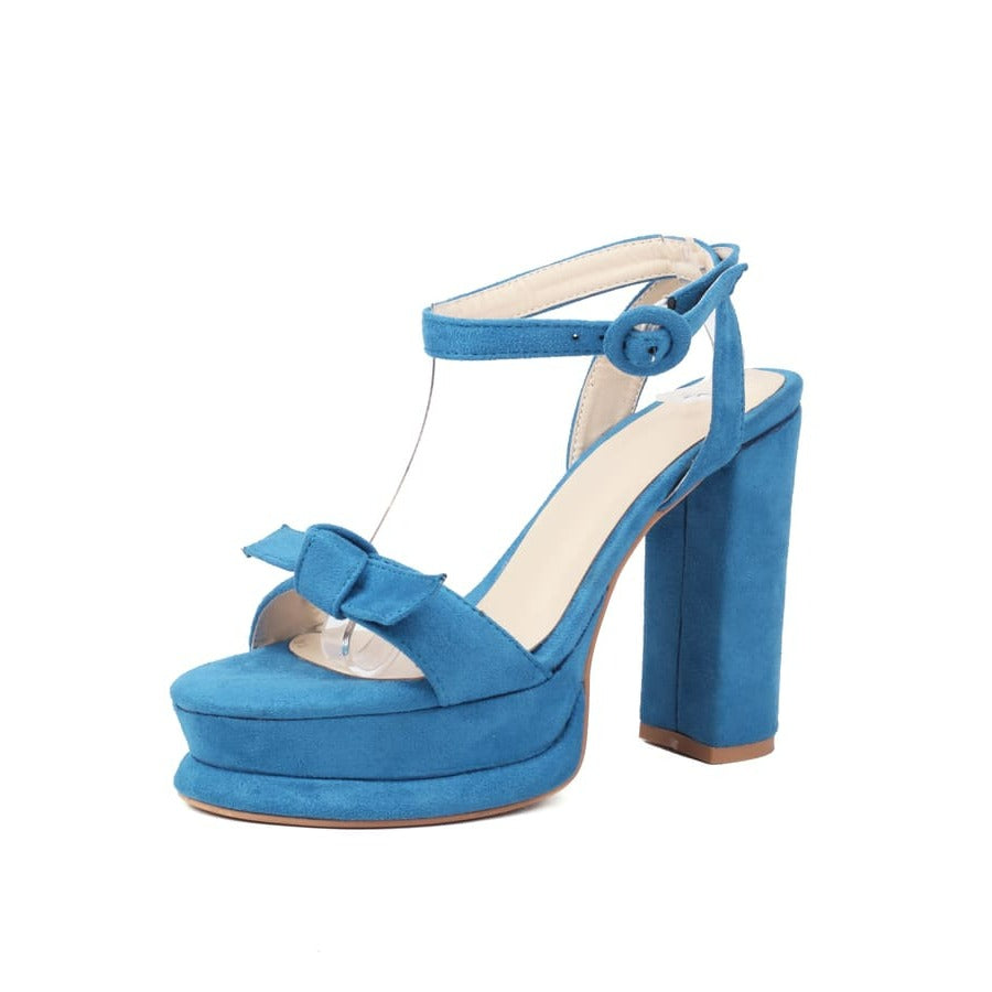 Sandalen aus Wildleder mit Knoten-Schleife, abgerundeter Zehenpartie, 5 Zoll dickem Absatz und Fesselriemchen
