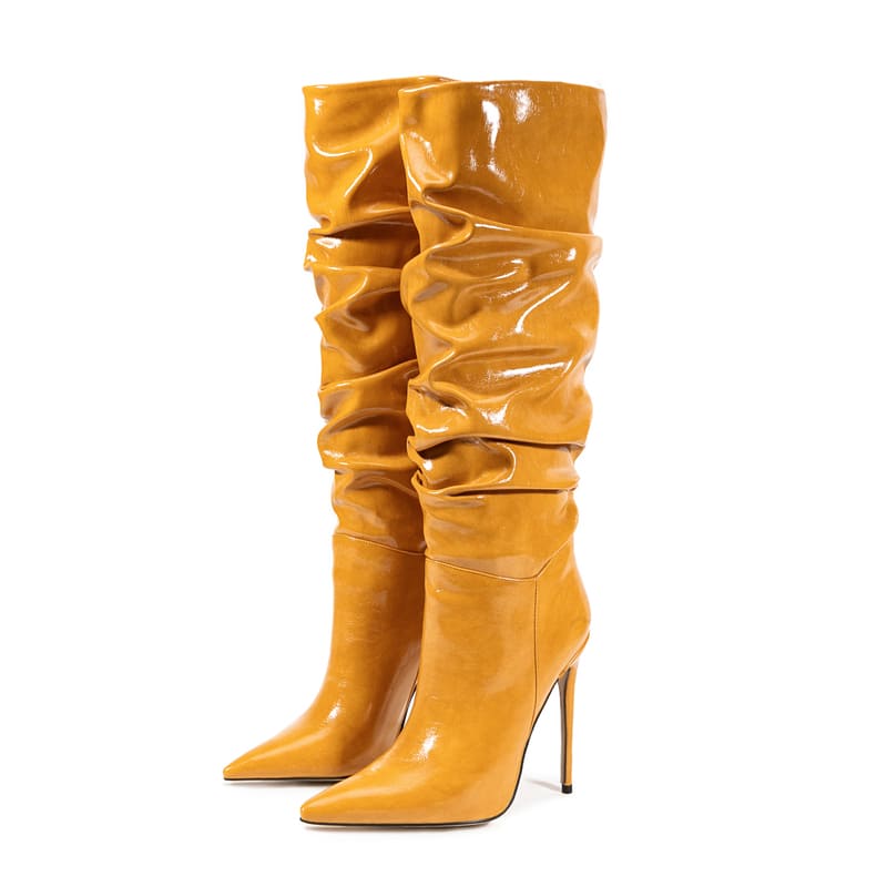 Vegan Leather Pointed Toe Stiletto High Heel Knee High Slouch Boots