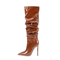 Vegan Leather Pointed Toe Stiletto High Heel Knee High Slouch Boots