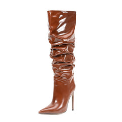 Vegan Leather Pointed Toe Stiletto High Heel Knee High Slouch Boots