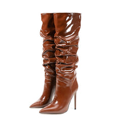 Vegan Leather Pointed Toe Stiletto High Heel Knee High Slouch Boots