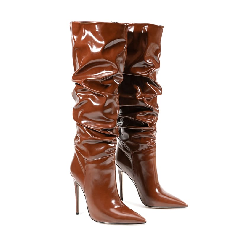 Vegan Leather Pointed Toe Stiletto High Heel Knee High Slouch Boots