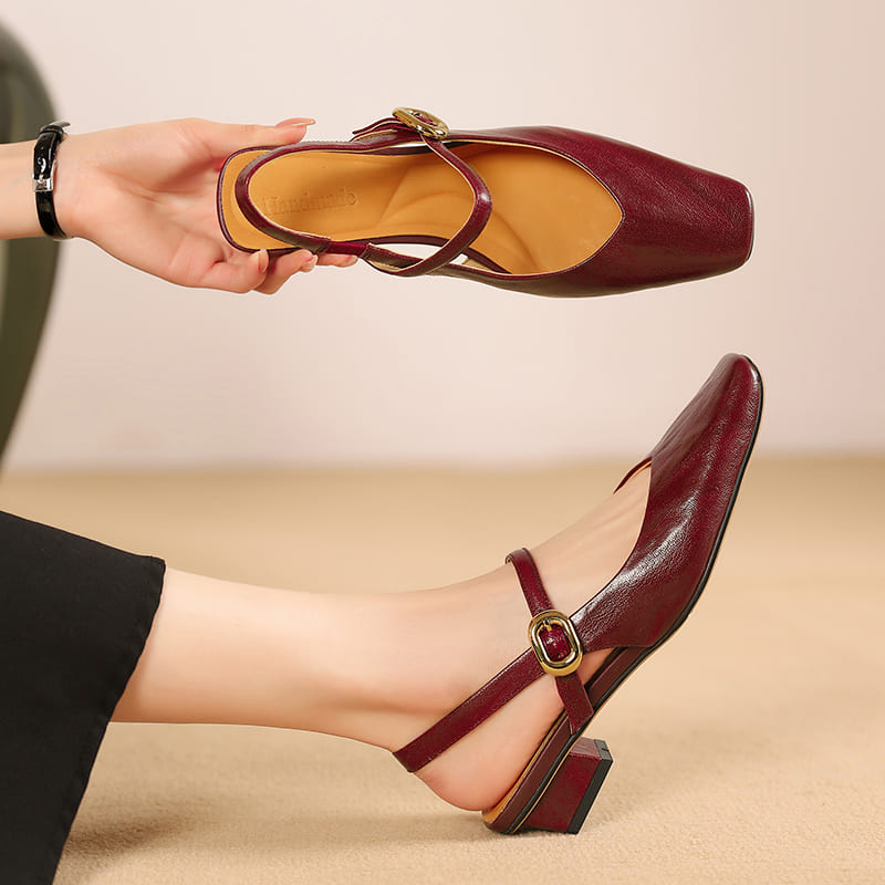 Vintage Leather Closed Toe Block Heel Pumps