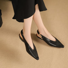 Vintage Leather Pointy Toe Block Heel Slingback Pumps