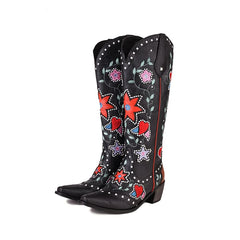 Bottes de cow-girl noires vintage à bout carré et talon bloc de 2 pouces à mollet large