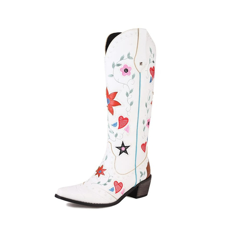 Weiße Cowgirlstiefel im Vintage-Stil mit eckiger Zehenpartie und 5 cm Blockabsatz und breiter Schaftweite