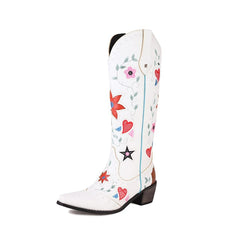 Weiße Cowgirlstiefel im Vintage-Stil mit eckiger Zehenpartie und 5 cm Blockabsatz und breiter Schaftweite
