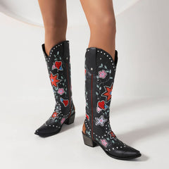 Bottes de cow-girl noires vintage à bout carré et talon bloc de 2 pouces à mollet large