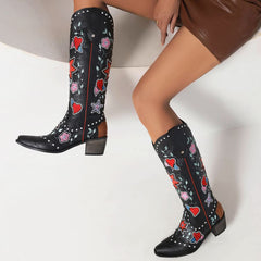 Bottes de cow-girl noires vintage à bout carré et talon bloc de 2 pouces à mollet large